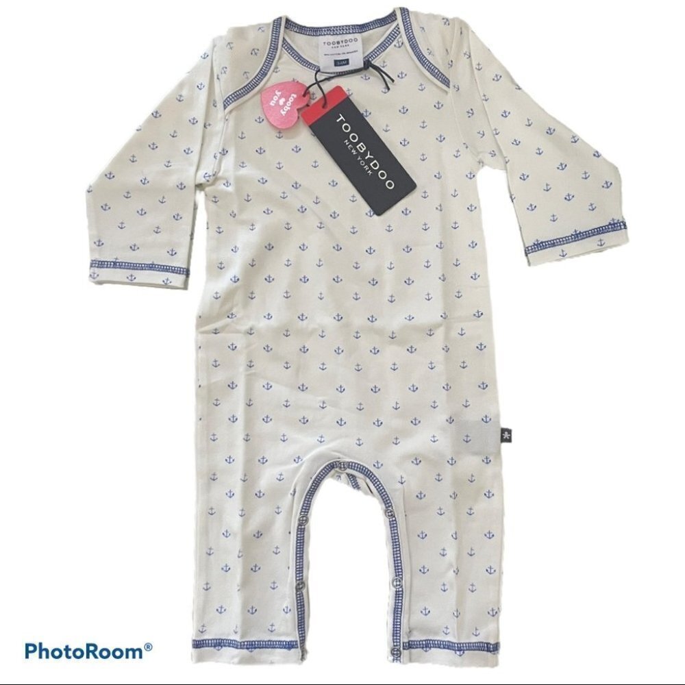 Toobydoo slim leg jumpsuit white blue anchors